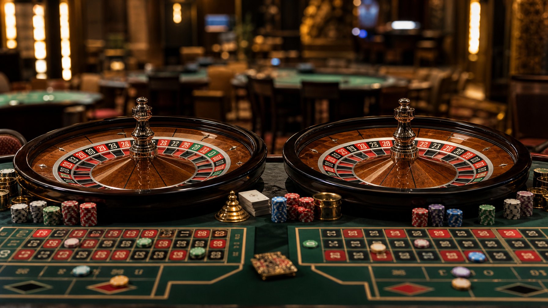 Dua meja roulette dengan roda roulette Prancis dan Eropa yang berbeda, ditempatkan berdampingan di dalam kasino mewah.