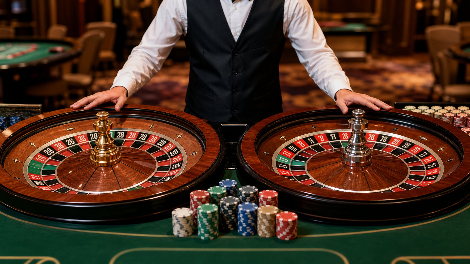 Meja kasino dengan dua roda roulette, satu French dan satu European, dengan chip dan tangan dealer di atas meja.