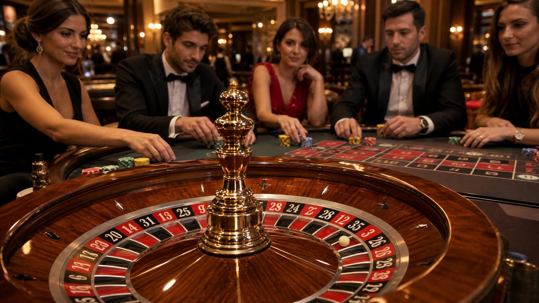 Meja roulette Prancis di kasino dengan pemain yang sedang memasang taruhan dan roda roulette yang berputar.