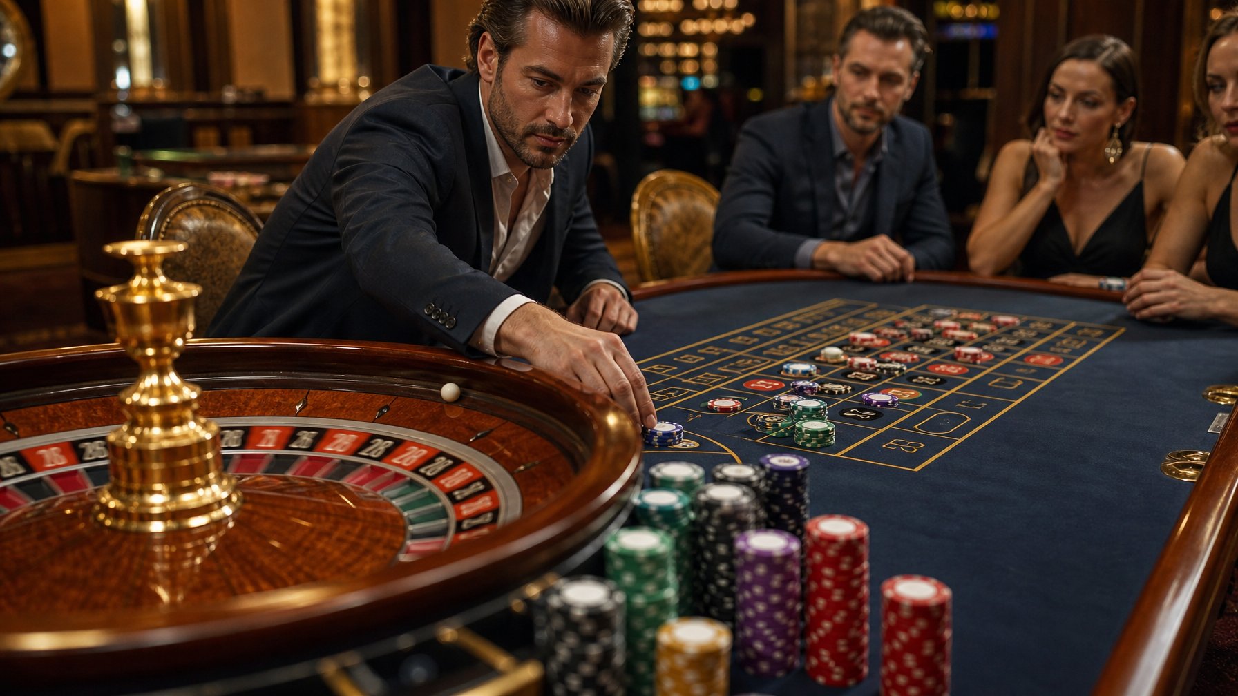 Seorang pemain berpakaian rapi sedang memasang taruhan di meja roulette Prancis dengan roda roulette yang berputar di latar depan.