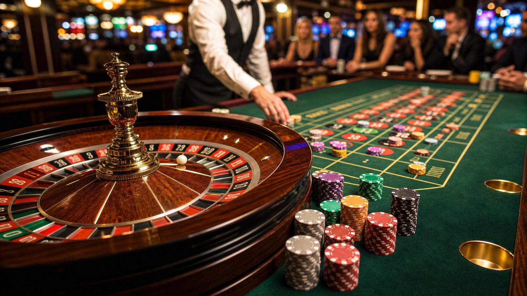 Meja roulette Prancis dengan roda berputar dan tumpukan chip warna-warni, seorang dealer berdiri di belakang meja, suasana kasino yang ramai.