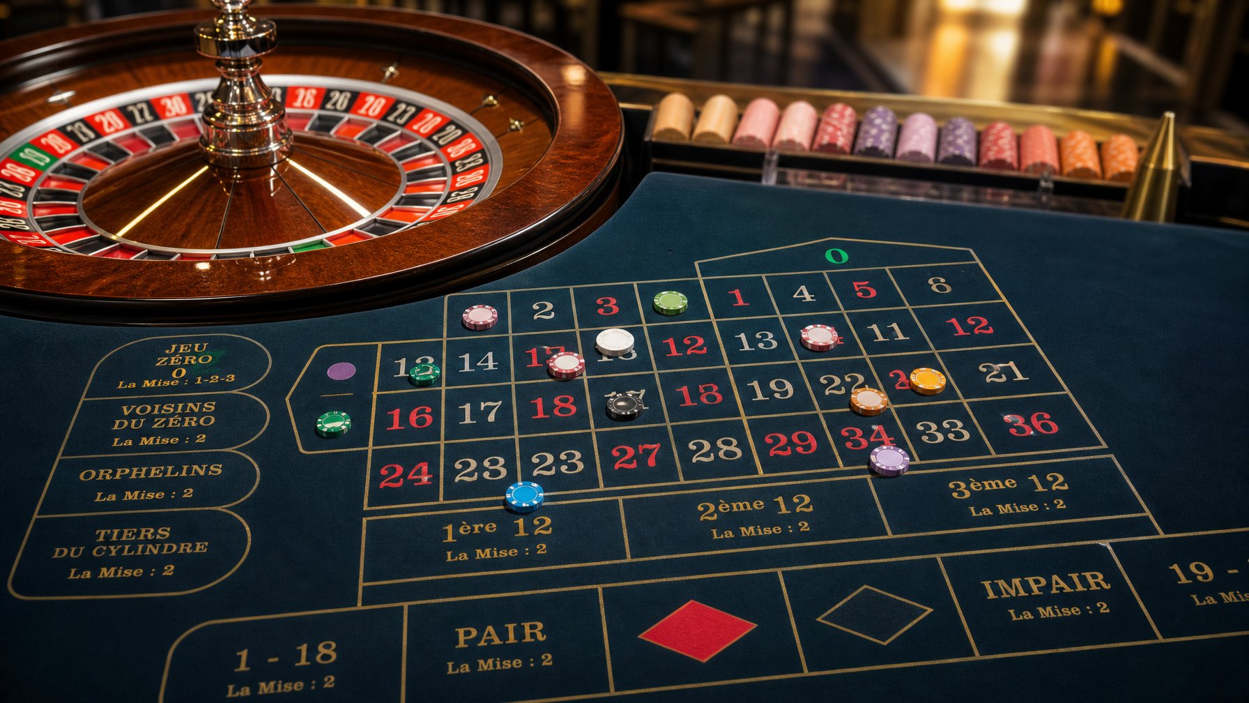 Meja roulette Prancis dengan roda roulette dan taruhan chip berwarna-warni di kasino.