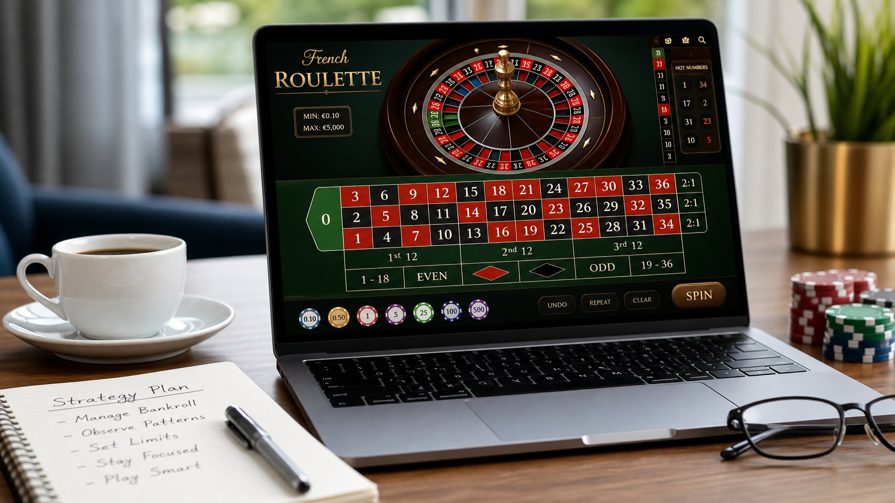 Seorang pria sedang menggunakan laptop dengan tampilan roda roulette Prancis digital di layar, dikelilingi oleh buku catatan, pena, dan cangkir kopi di meja.