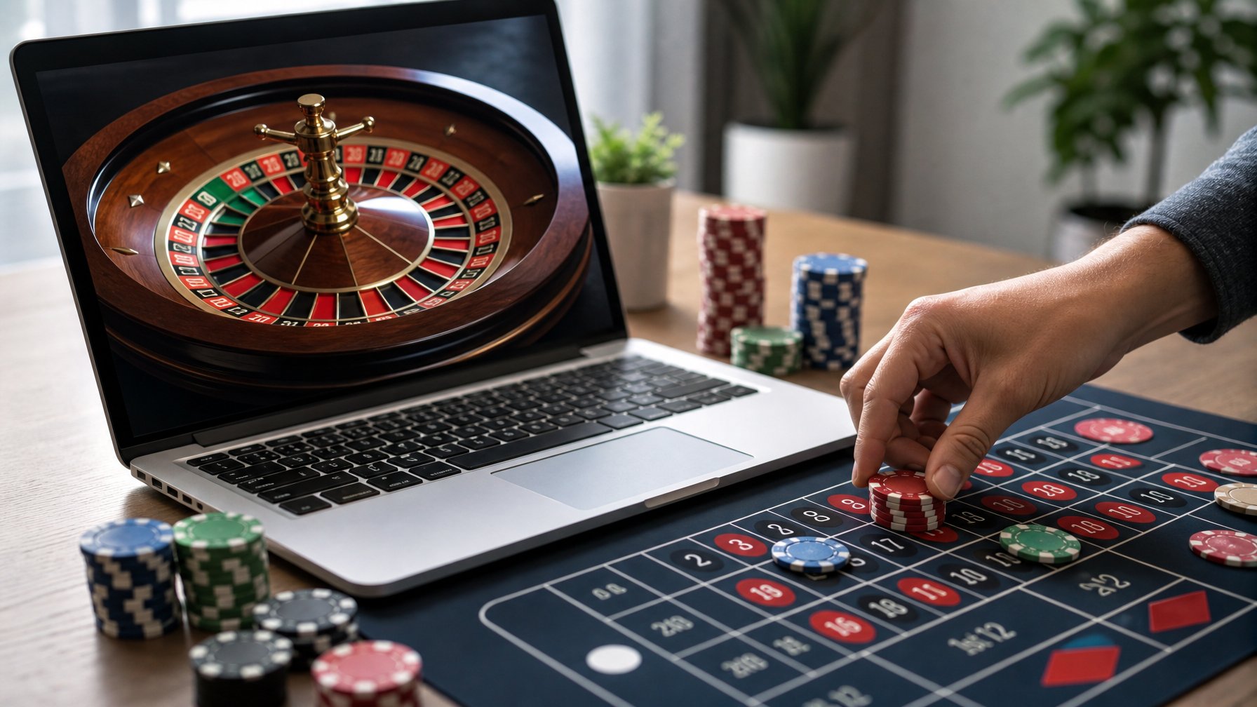 Seseorang sedang bermain roulette Prancis online menggunakan laptop dengan chip taruhan di meja.