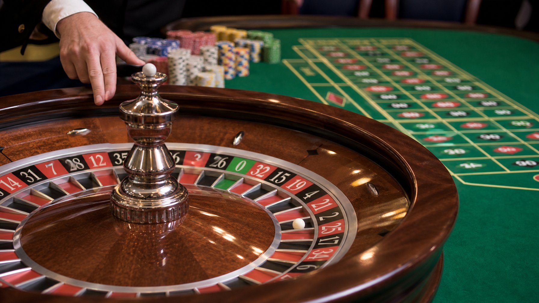 Meja roulette Prancis dengan roda roulette dan bola putih di kasino.