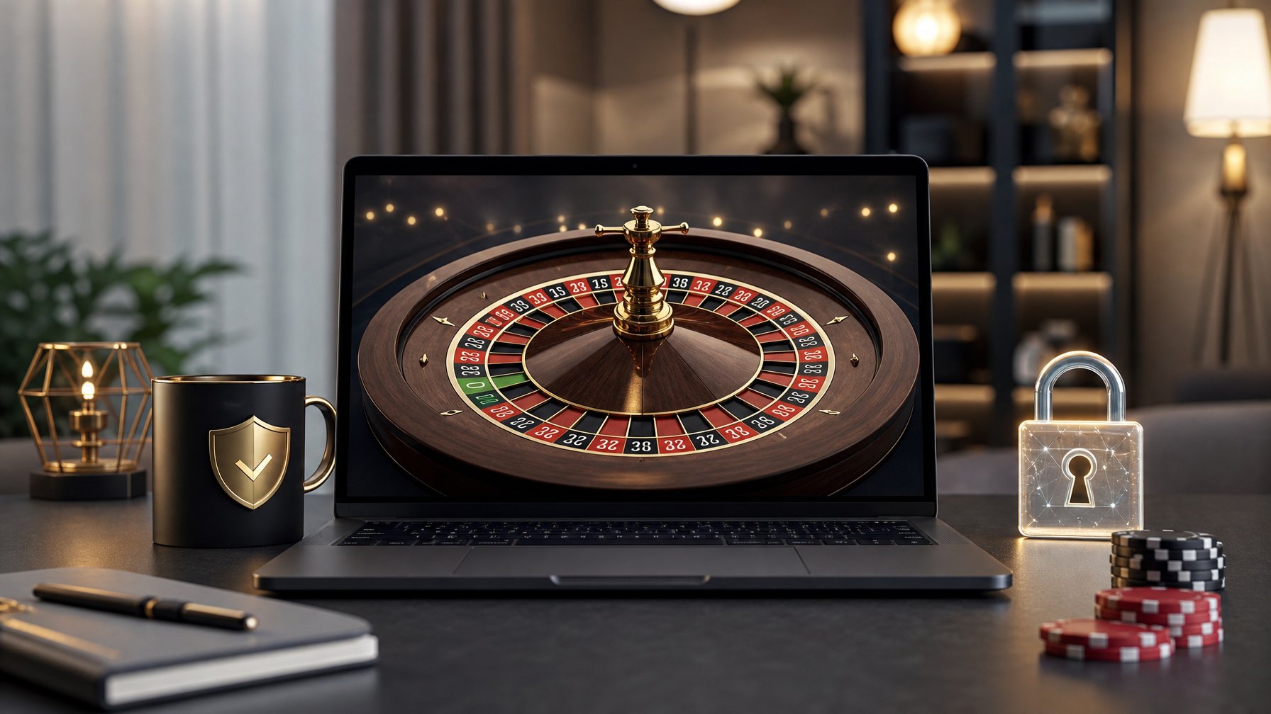 Sebuah laptop menampilkan roda roulette Prancis yang berwarna-warni dengan ikon keamanan di sekitarnya di meja modern.