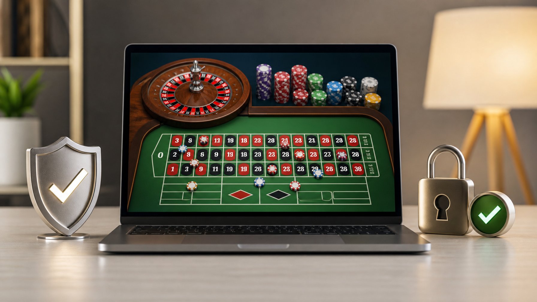 Sebuah meja kerja dengan komputer yang menampilkan permainan roulette Prancis online, dilengkapi simbol keamanan seperti gembok dan tanda centang hijau.