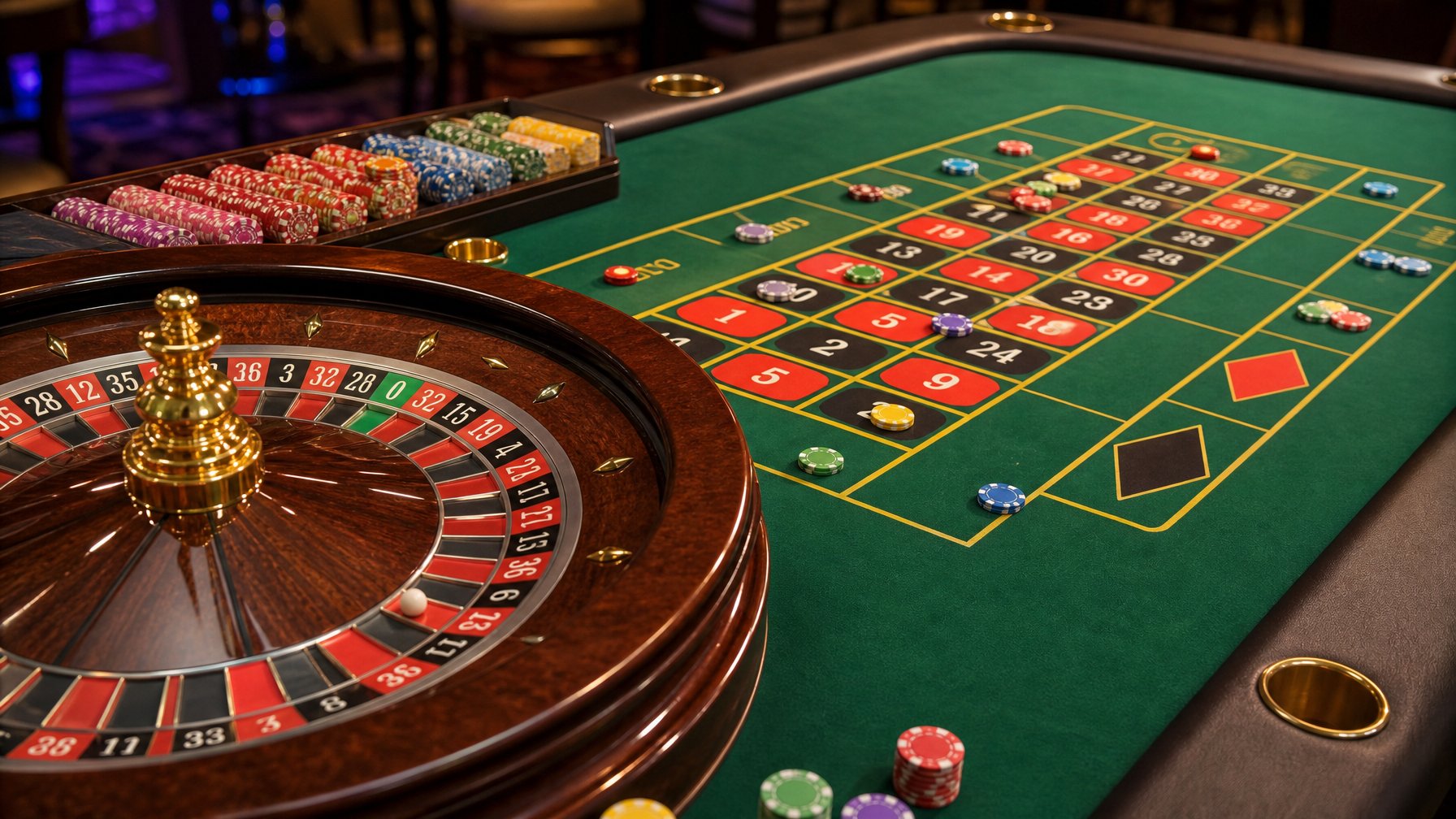 Meja roulette Prancis dengan roda roulette dan area taruhan yang menunjukkan berbagai jenis taruhan di kasino.