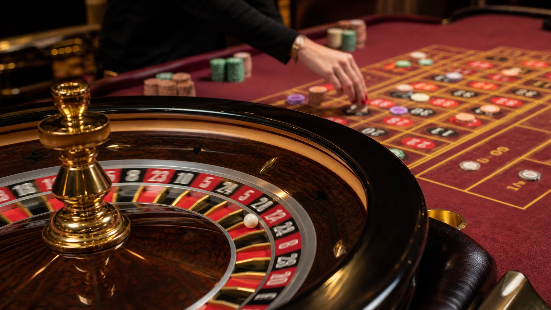 Meja roulette Prancis dengan roda roulette berputar dan tangan pemain meletakkan chip taruhan.