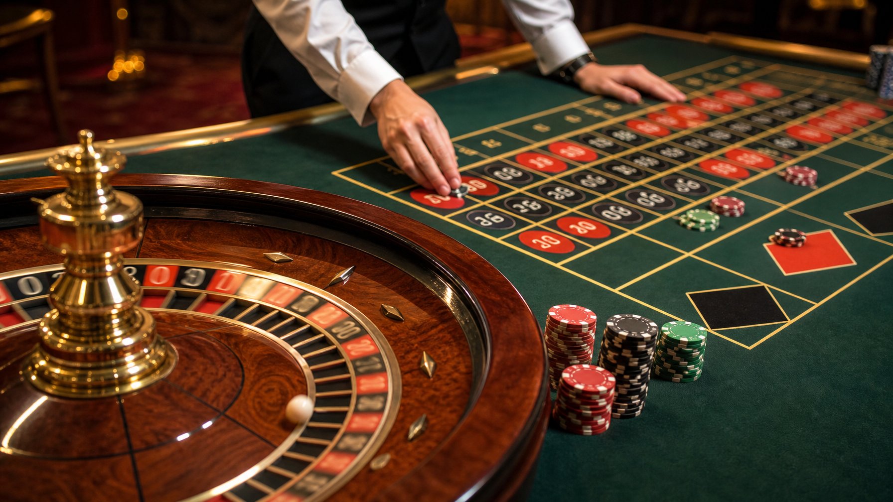 Tabel roulette Prancis dengan roda roulette dan chip taruhan yang ditempatkan di area taruhan uang genap di kasino.