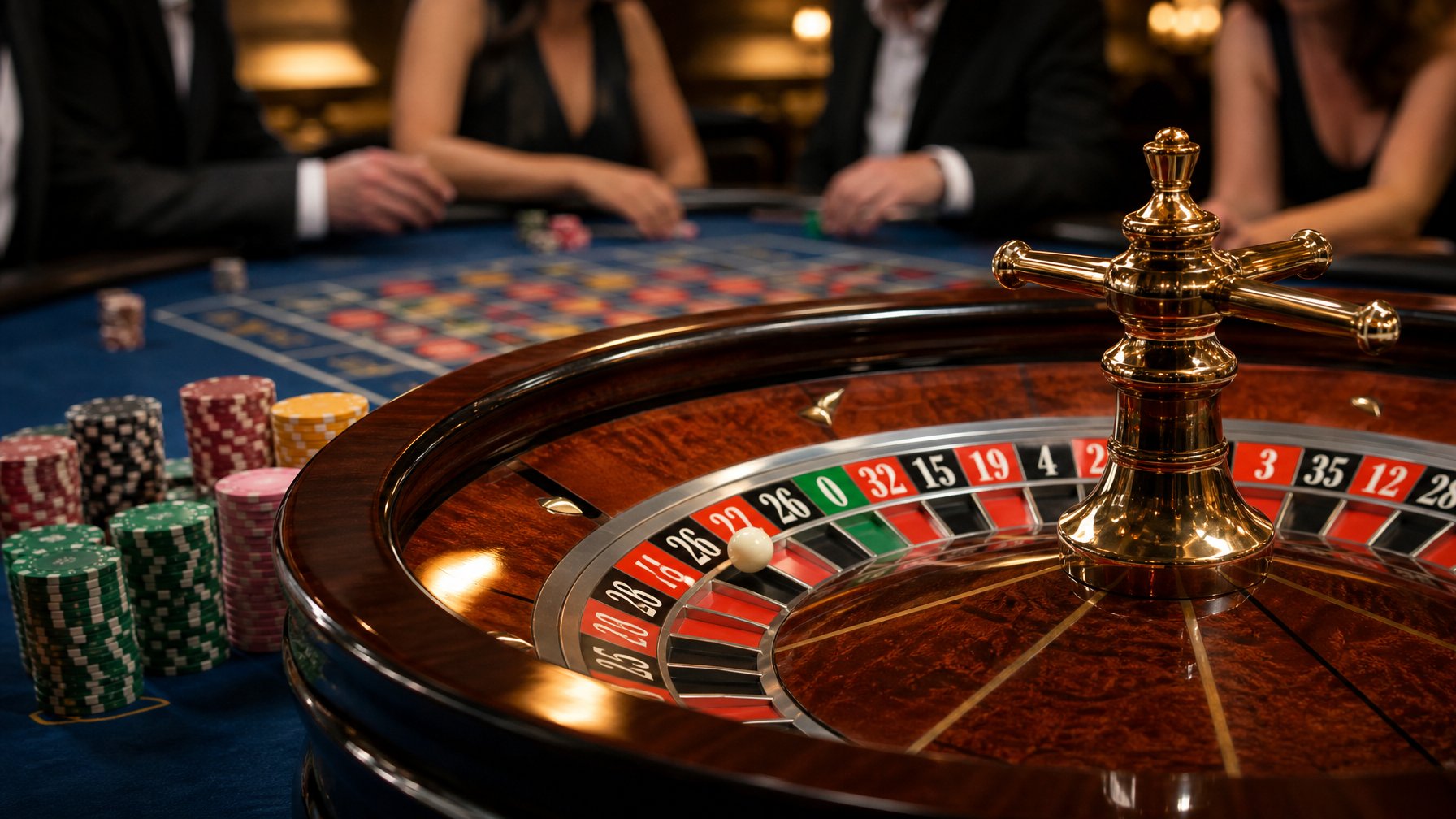 Meja roulette di kasino dengan roda roulette dan chip taruhan, menampilkan suasana permainan yang fokus dan serius.