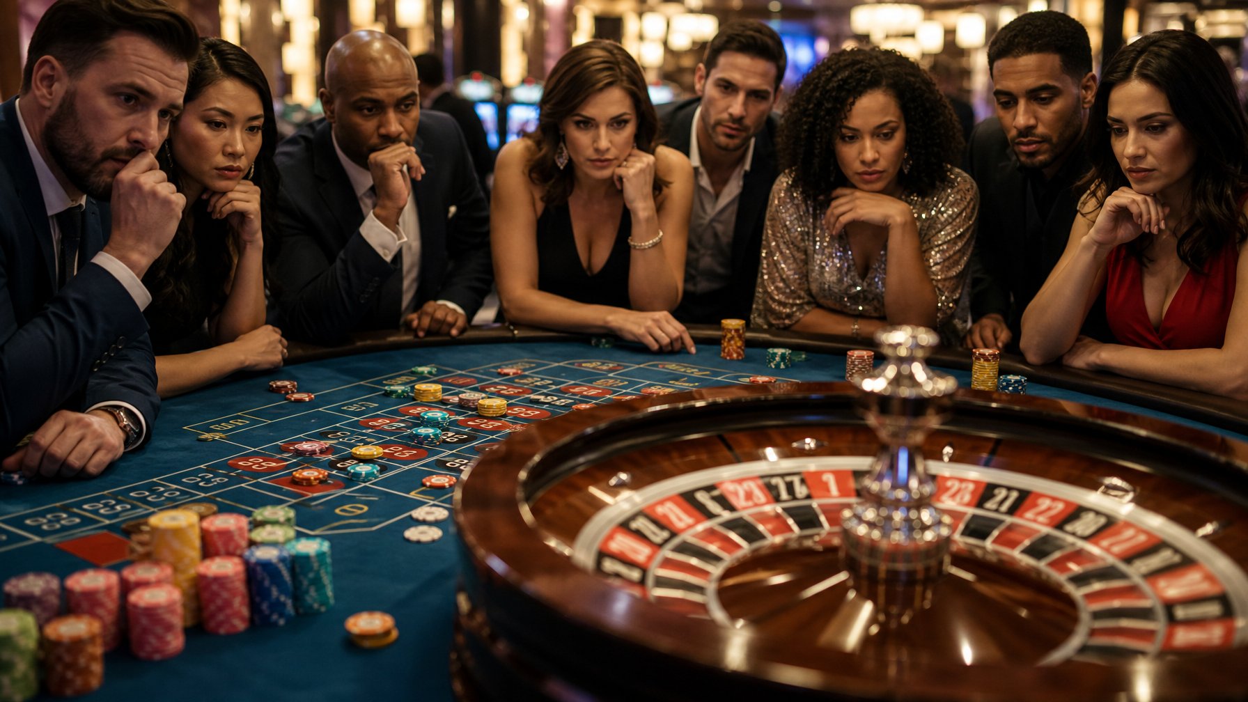 Meja roulette Prancis dengan roda berputar dan chip taruhan, dikelilingi oleh pemain yang memperhatikan permainan di kasino.