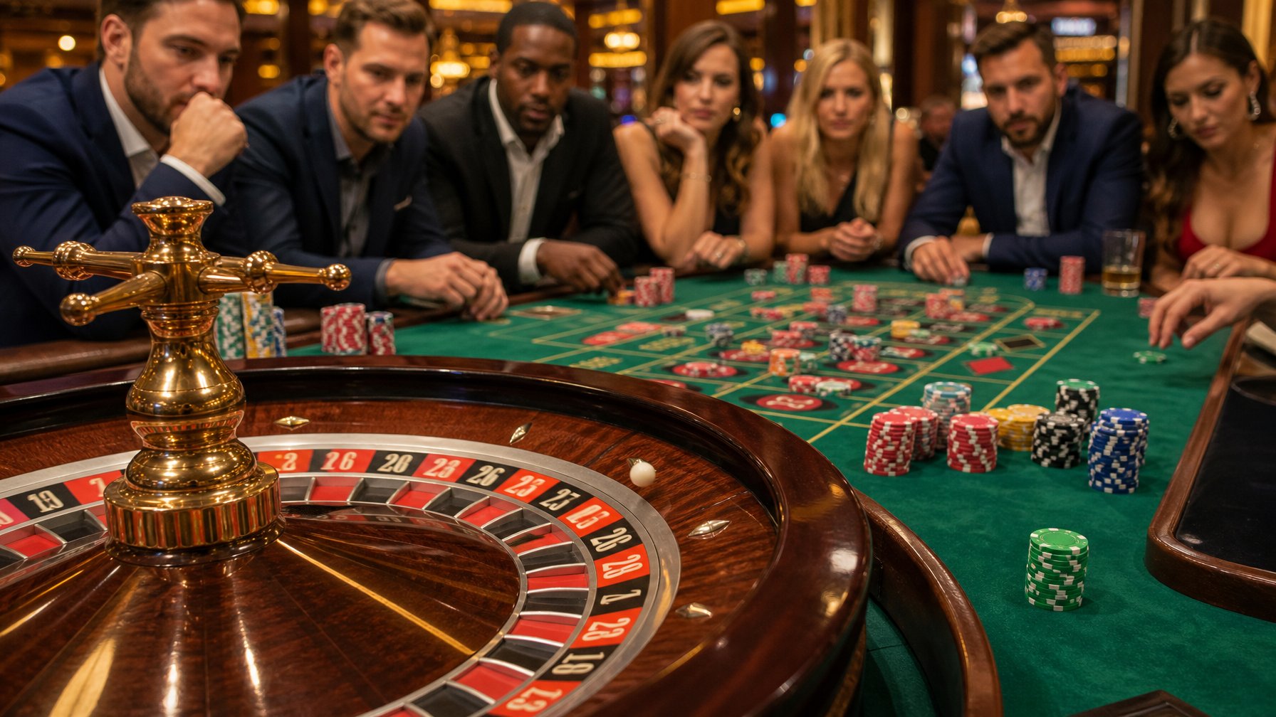 Meja roulette Prancis dengan roda roulette berputar dan tumpukan chip taruhan di sekitarnya, dengan beberapa orang memperhatikan permainan.