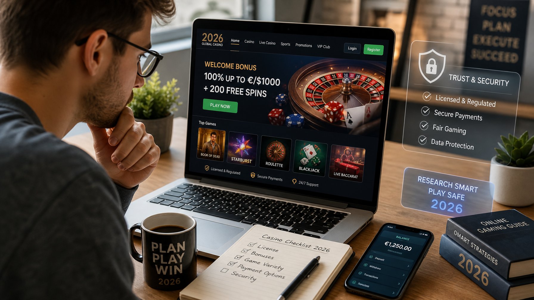 Seorang pemula sedang duduk di depan laptop yang menampilkan situs kasino online dengan ekspresi fokus, di meja terdapat catatan, kopi, dan ponsel, menggambarkan proses memilih kasino online terpercaya.