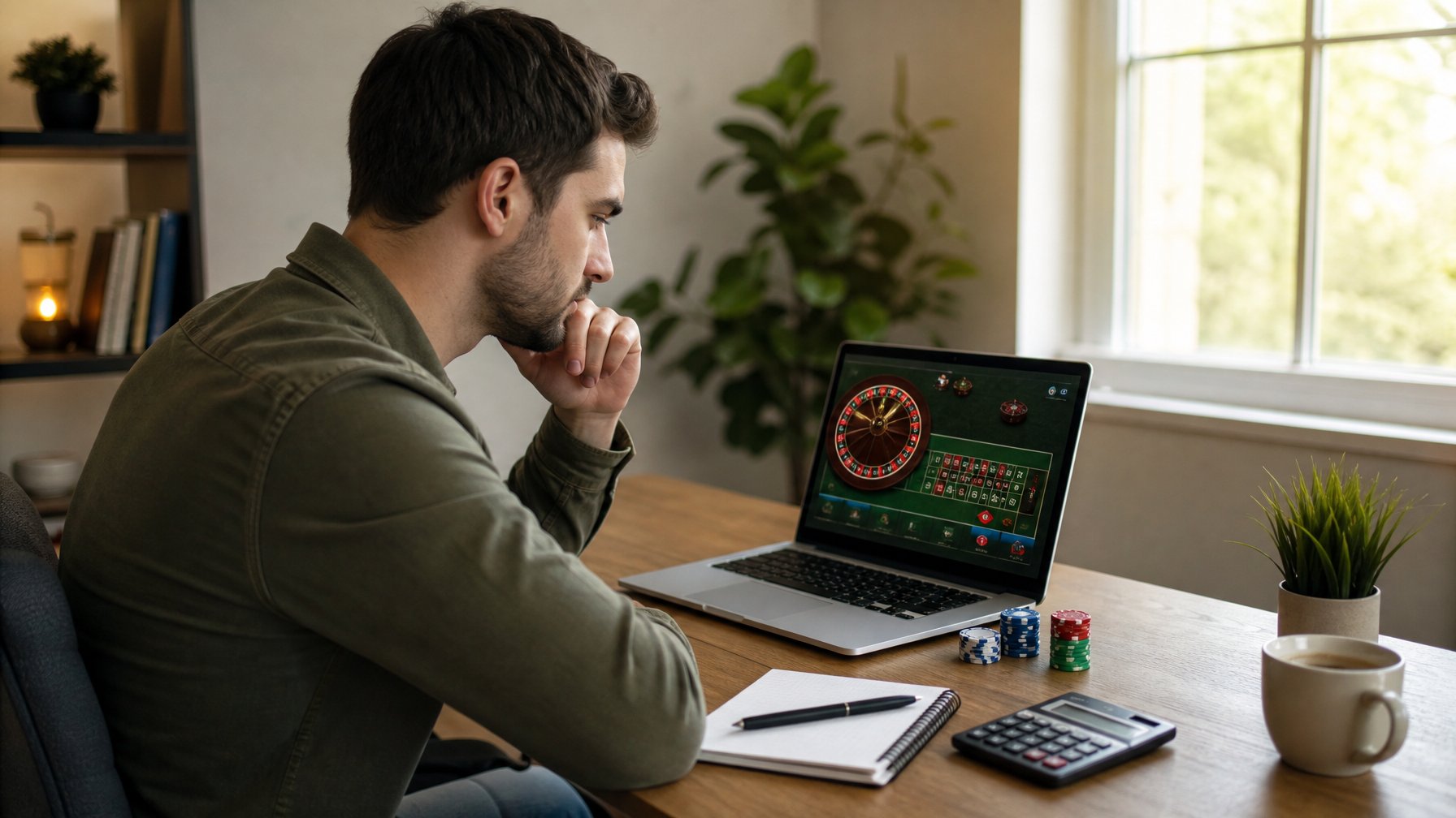 Seseorang duduk di meja rumah sambil bermain permainan kasino online di laptop dengan alat perencanaan keuangan di meja.