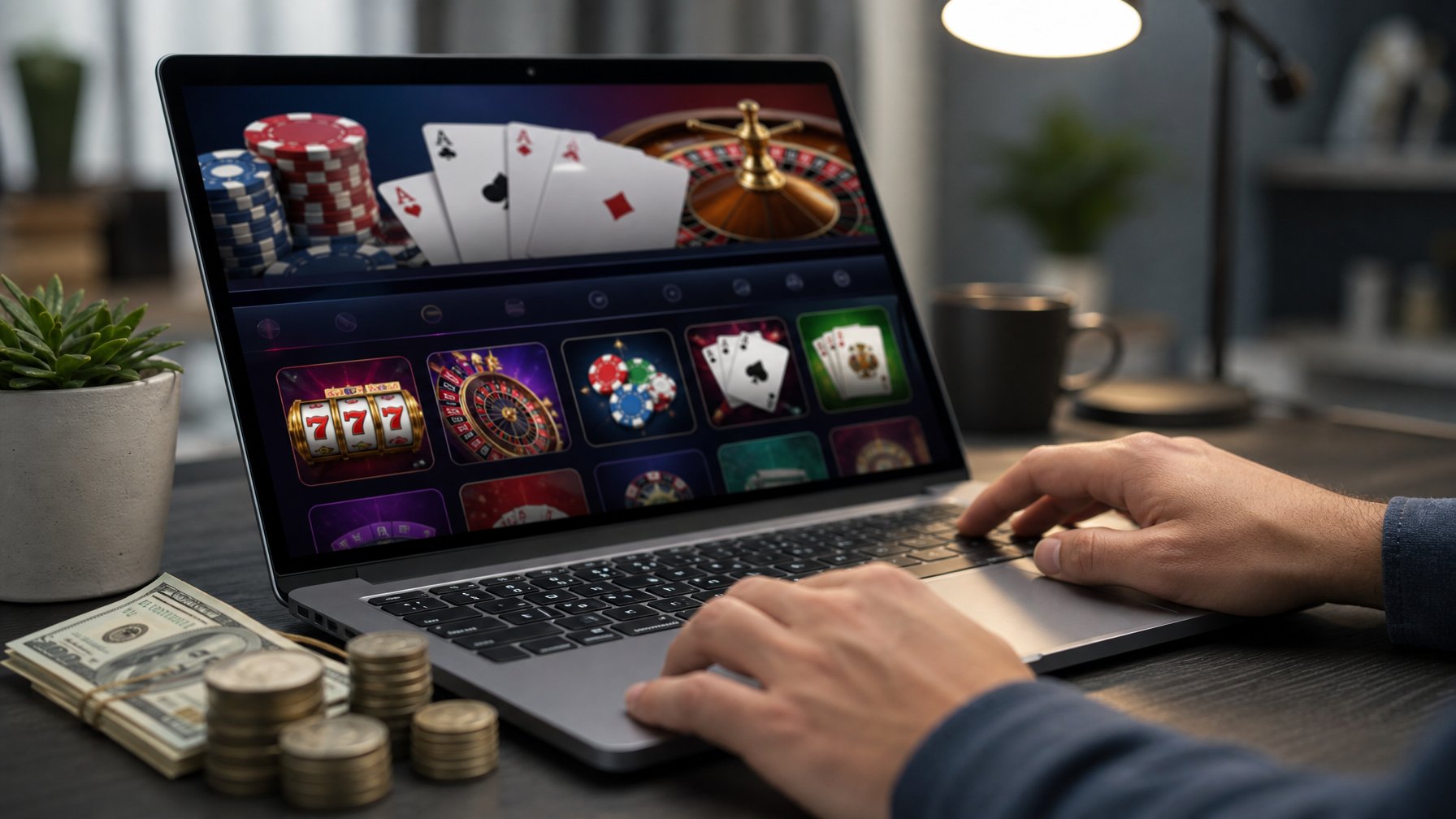 Sebuah meja kerja dengan laptop yang menampilkan situs kasino online, tumpukan koin kecil, dan tangan seseorang yang sedang menggunakan laptop.