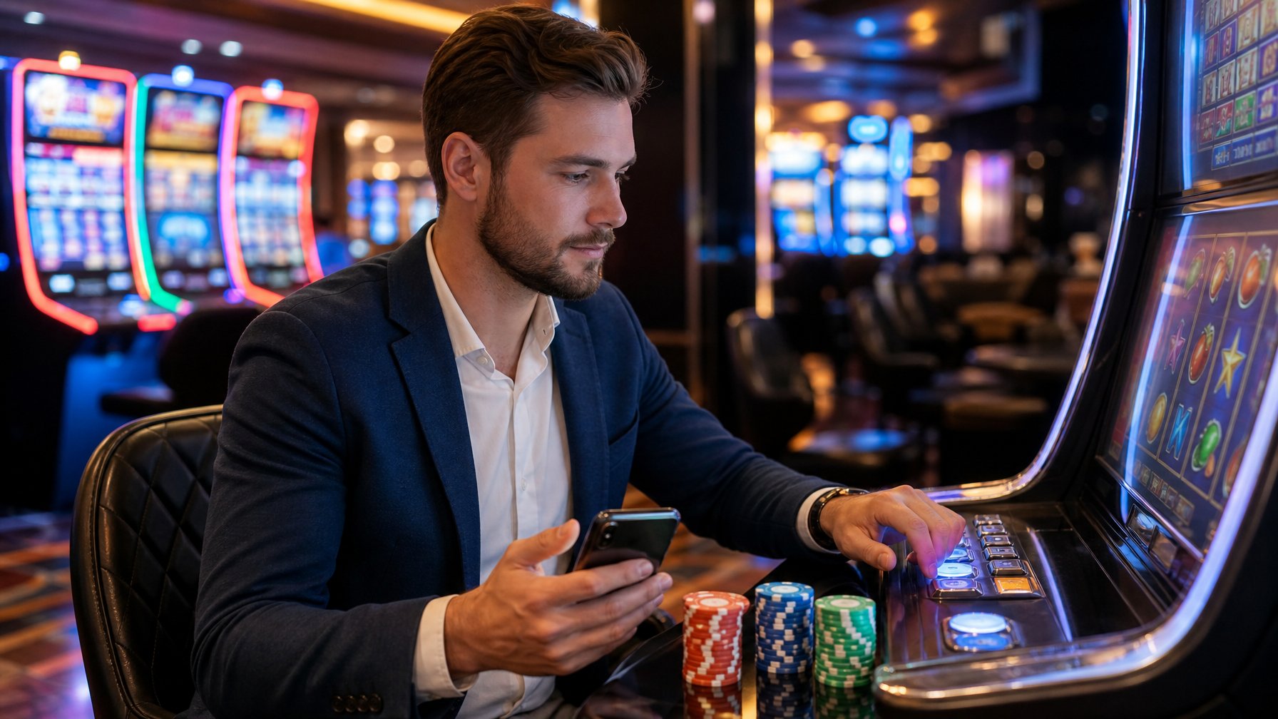 Seseorang duduk di depan mesin slot dengan tumpukan chip dan ponsel yang menampilkan aplikasi pengelolaan dana di kasino online.