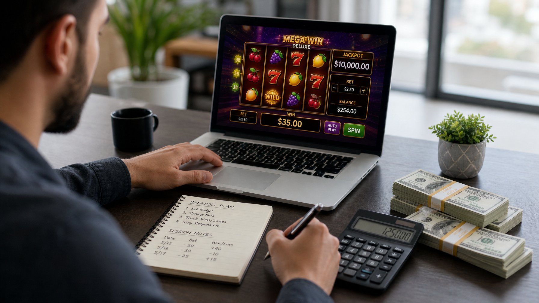 Seseorang sedang mengelola uang dan bermain permainan slot online di depan laptop dengan tumpukan uang dan kalkulator di meja.