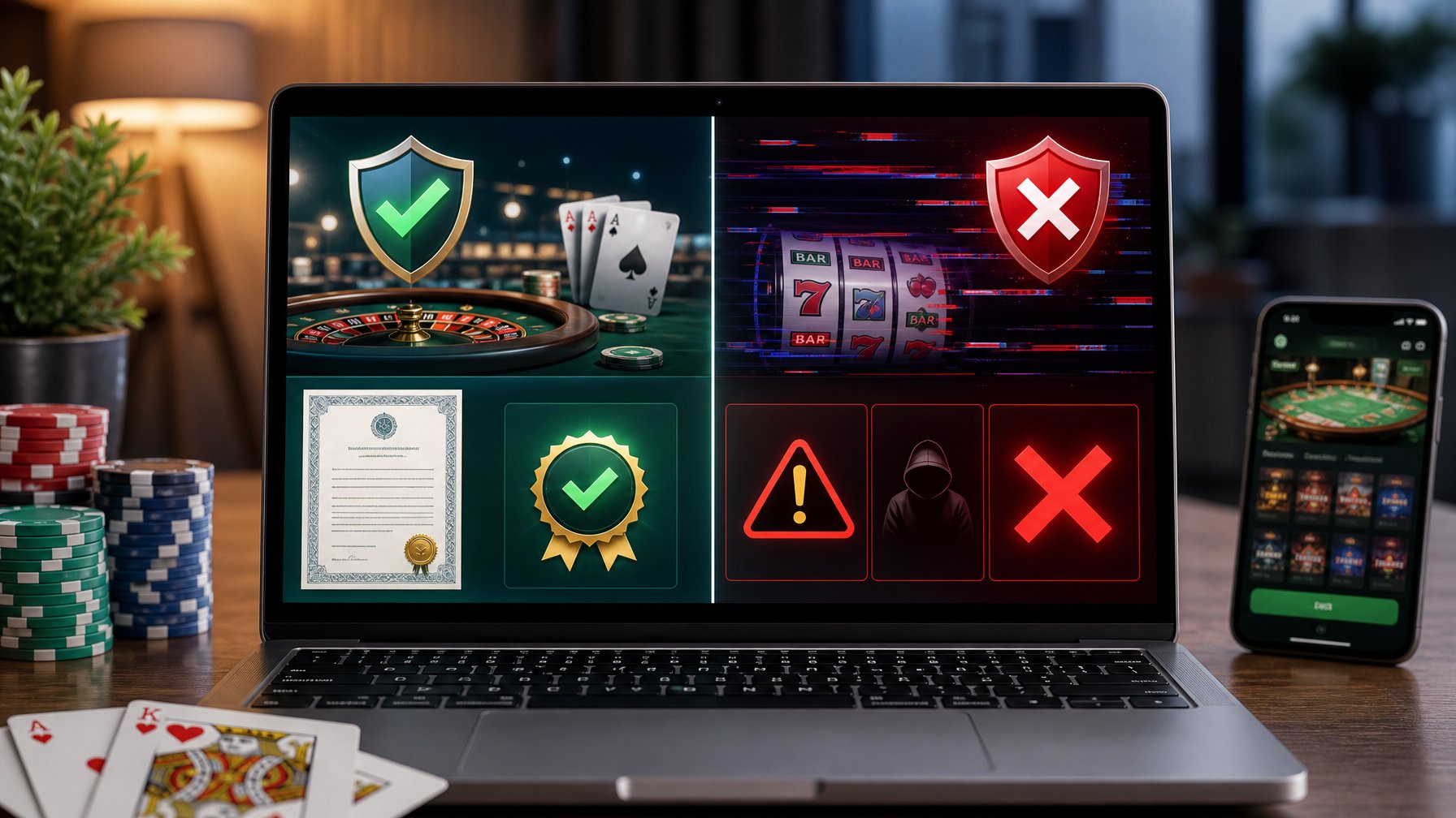 Seorang profesional bekerja dengan laptop yang menampilkan perbedaan antara kasino online berlisensi dan tidak berlisensi, dengan simbol lisensi dan peringatan di layar.