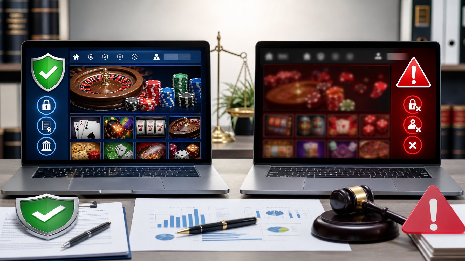 Dua layar komputer yang menampilkan situs kasino online, satu dengan tanda lisensi resmi dan satu dengan tanda peringatan tidak berlisensi, di meja kerja modern dengan dokumen dan grafik di latar belakang.