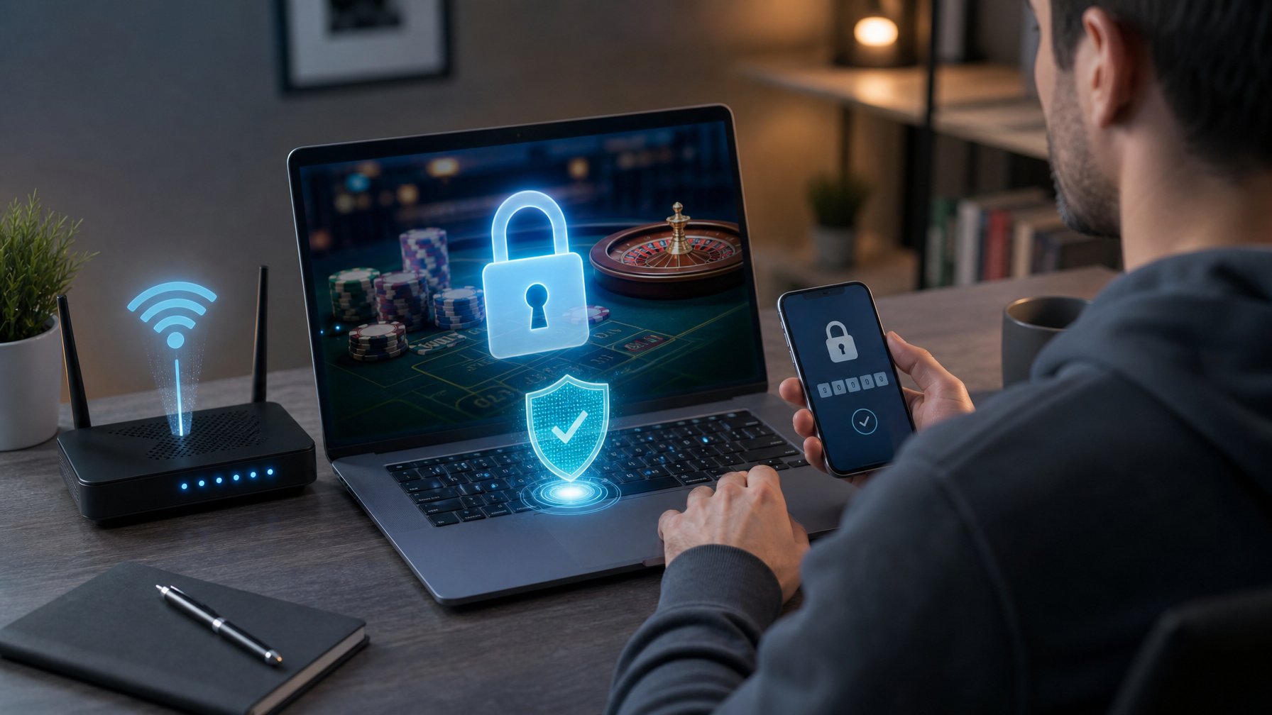 Seseorang menggunakan laptop dan ponsel untuk bermain kasino online dengan simbol keamanan digital di sekitar perangkat.