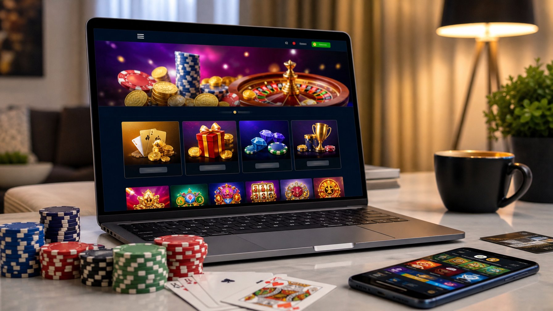 Seorang pengguna sedang melihat situs kasino online di laptop dengan chip poker dan kartu di meja, menunjukkan suasana santai dan fokus.