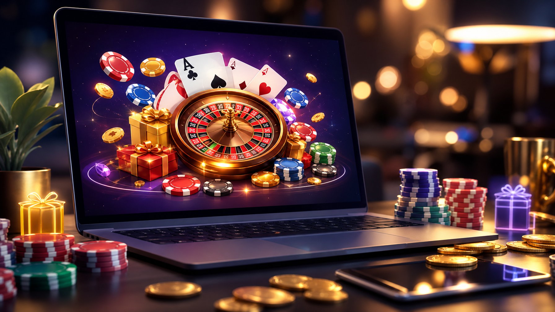 Seorang laptop menampilkan situs kasino online dengan ikon bonus dan promosi, dikelilingi oleh tumpukan chip kasino dan koin emas di atas meja.