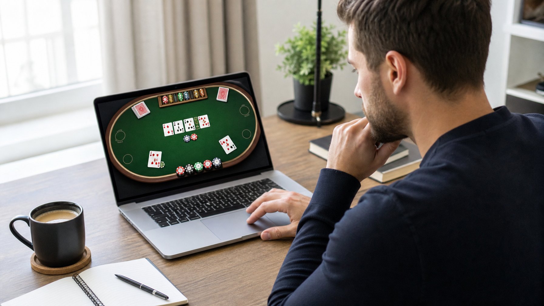 Seorang pemain dewasa duduk di depan laptop dengan tampilan permainan meja kasino online, terlihat fokus dan tenang sambil merencanakan strategi bermain secara bertanggung jawab.