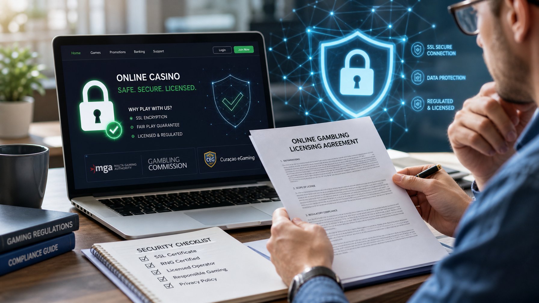 Seorang profesional sedang meninjau dokumen di depan laptop yang menampilkan simbol keamanan dan lisensi situs kasino online.