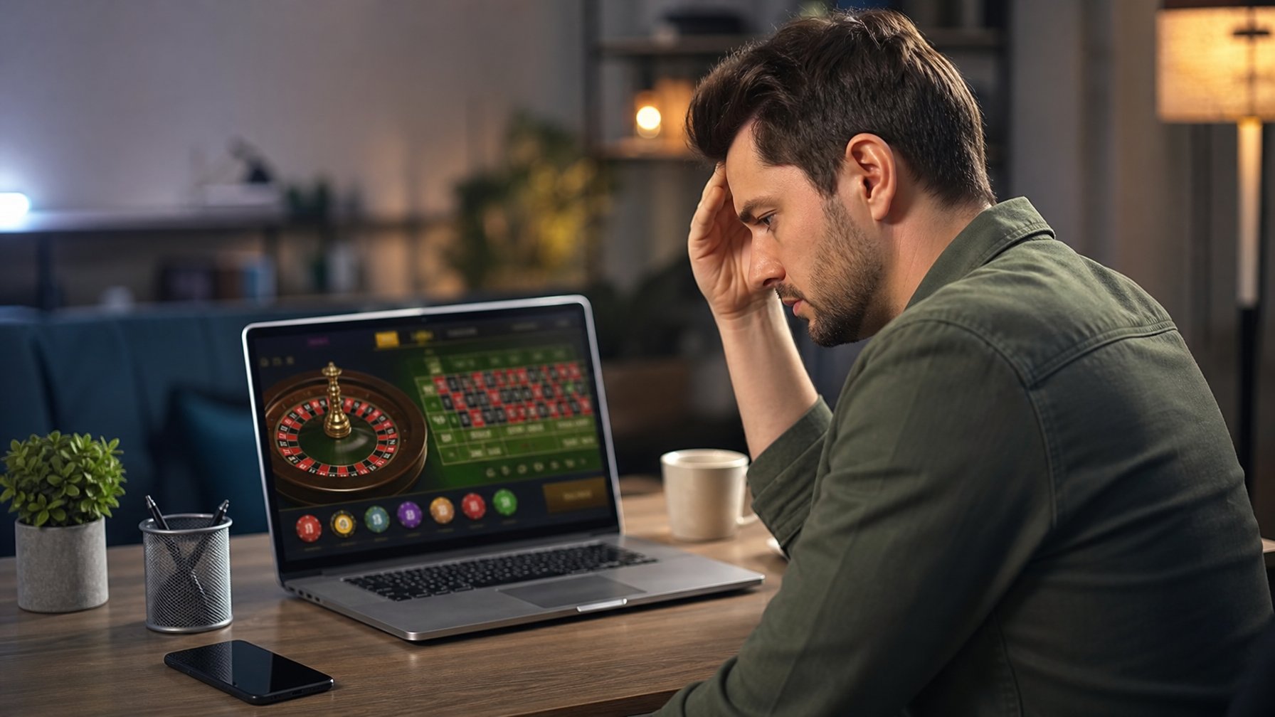 Seorang pria muda duduk di depan laptop dengan tampilan kasino online, terlihat sedikit frustrasi di ruangan yang nyaman.