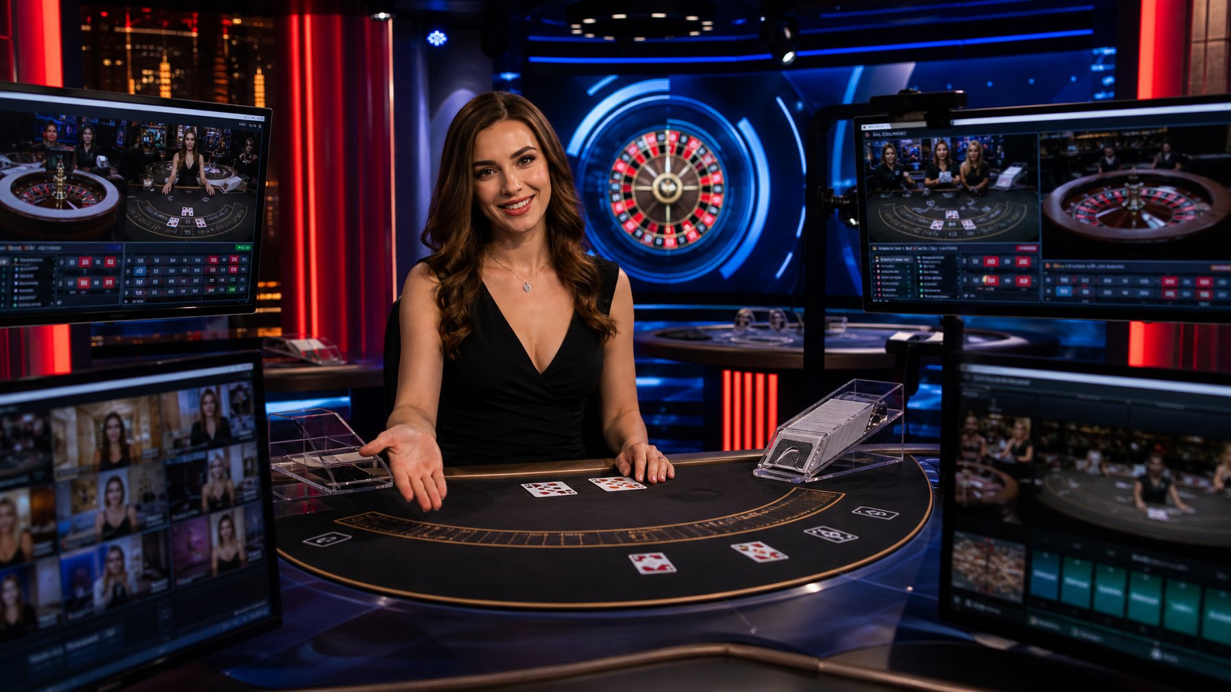 Seorang dealer kasino langsung di studio modern dengan layar digital menampilkan permainan kartu dan roda roulette, menggambarkan suasana kasino online yang interaktif.