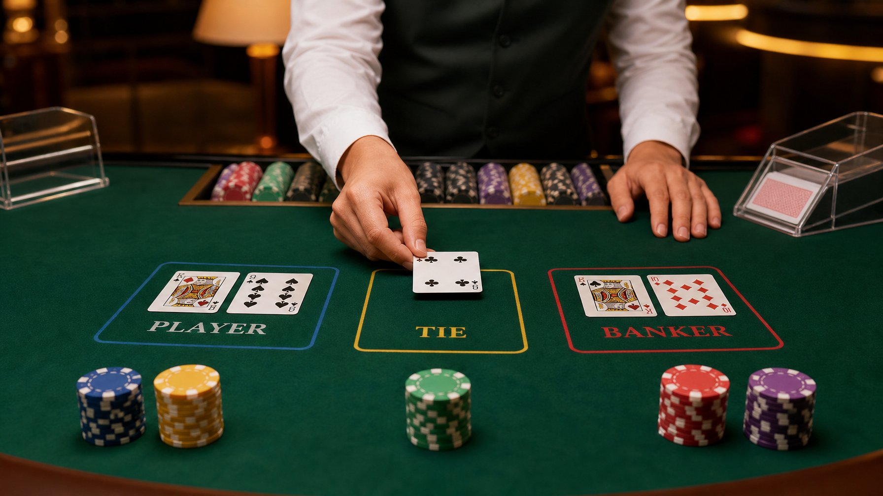 Meja kasino dengan permainan mini baccarat, menampilkan kartu dan tumpukan chip poker di atas meja hijau.