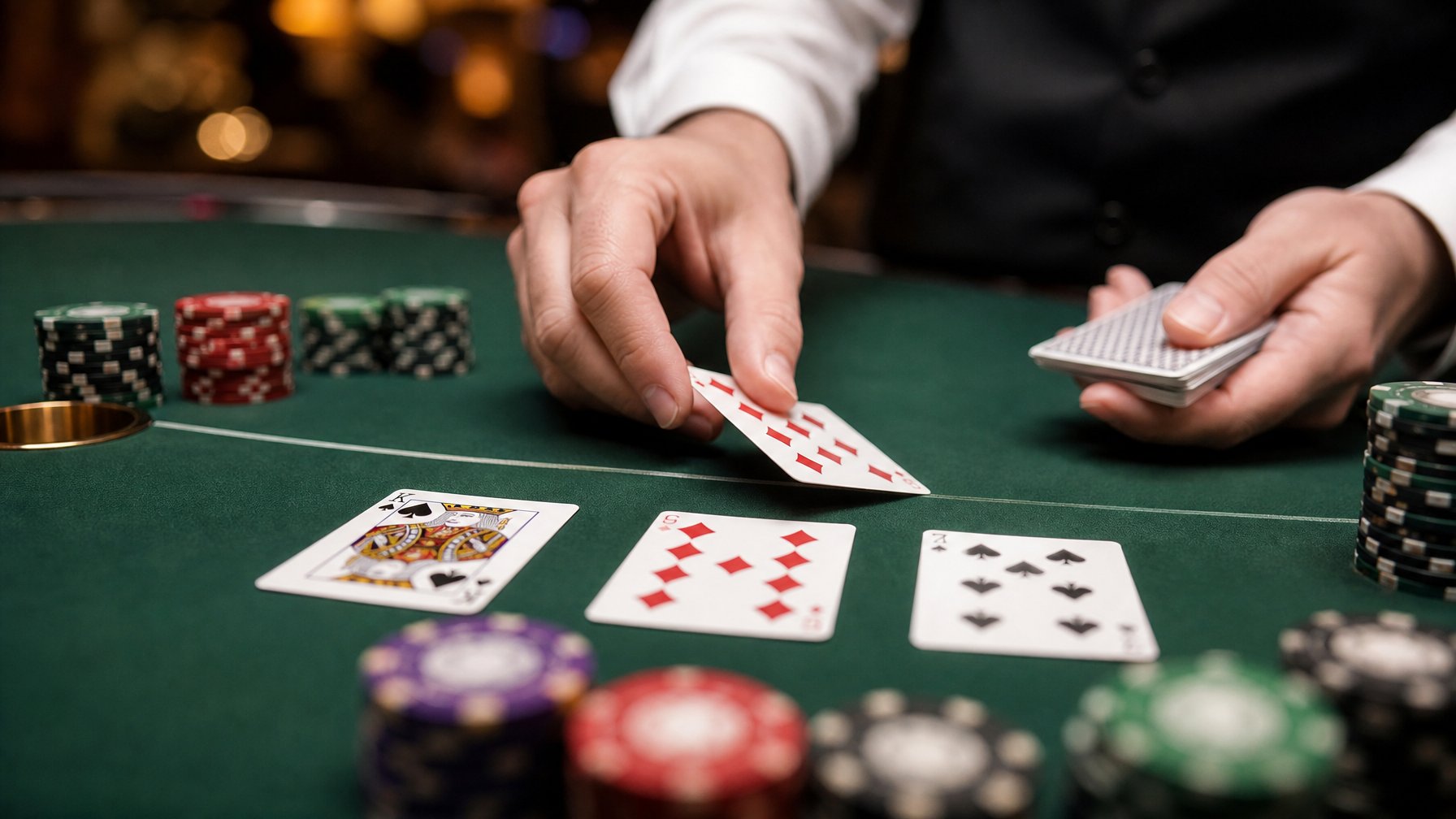 Pemandangan dekat meja permainan Mini Baccarat dengan kartu dan chip poker, serta tangan dealer yang sedang membagikan kartu.