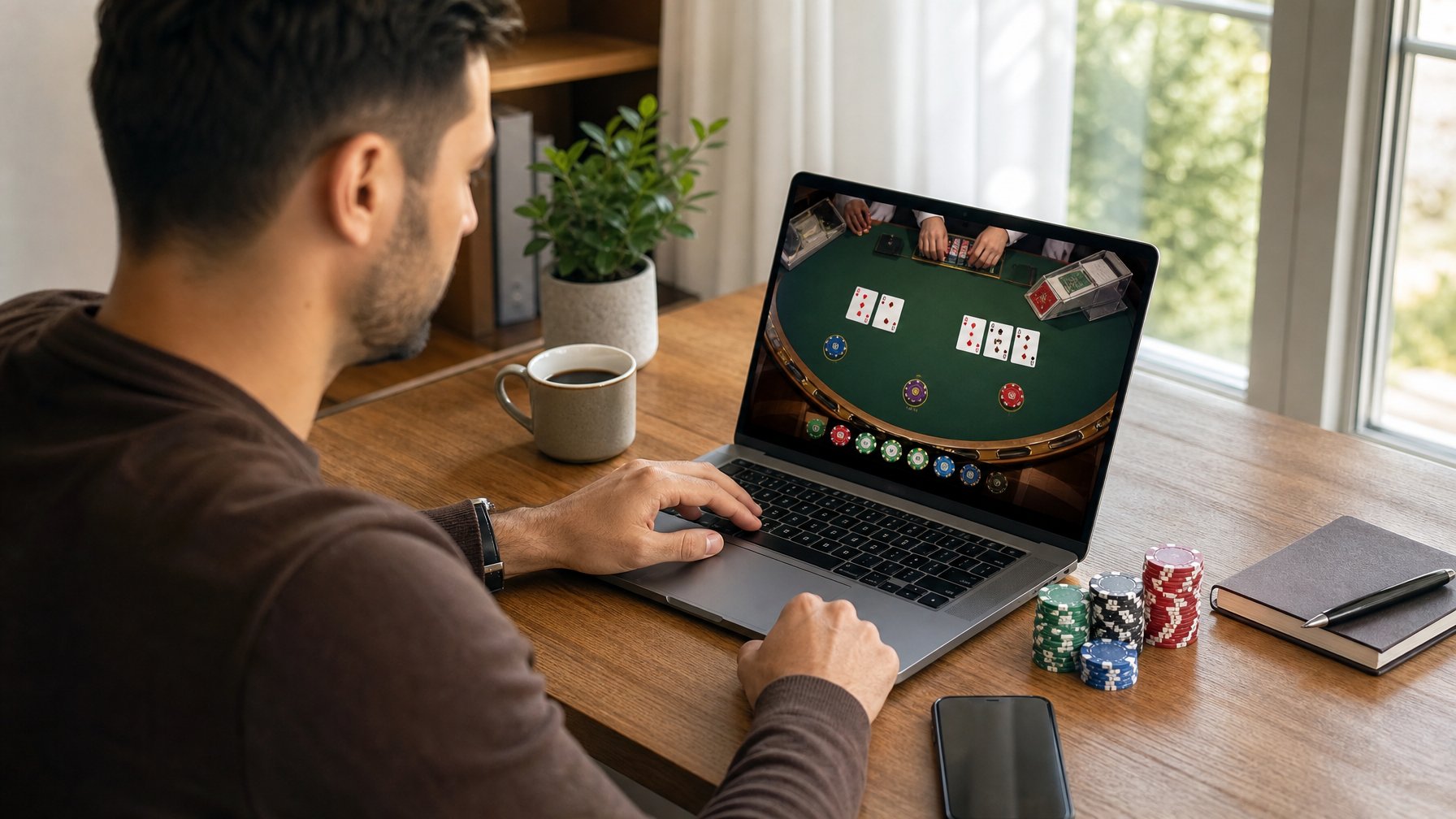 Seseorang bermain mini baccarat online di laptop di meja kayu dengan tumpukan chip poker kecil di sampingnya dalam ruangan yang terang dan nyaman.