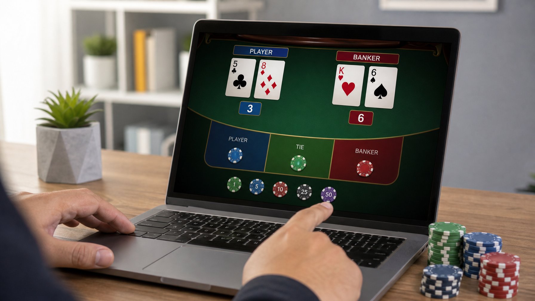 Seseorang bermain mini baccarat online menggunakan laptop dengan tumpukan chip kecil di meja.