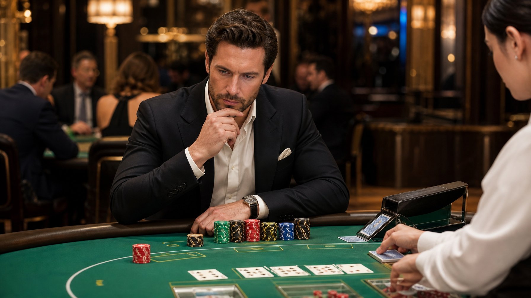 Seorang pemain berpengalaman sedang fokus bermain Mini Baccarat di meja kasino dengan chip dan kartu tertata rapi.
