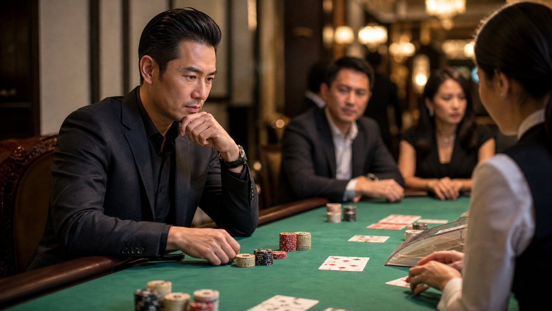 Seorang pemain berpengalaman sedang bermain Mini Baccarat di meja kasino dengan kartu dan chip tertata rapi.