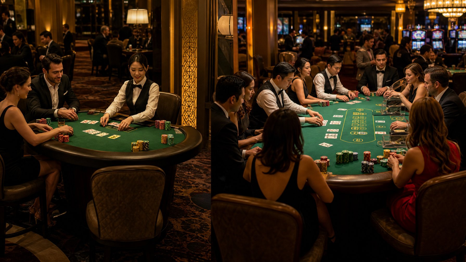 Suasana kasino dengan dua meja permainan Baccarat, satu meja Mini Baccarat yang lebih kecil dan satu meja Baccarat biasa yang lebih besar, dengan pemain dan dealer yang fokus bermain.