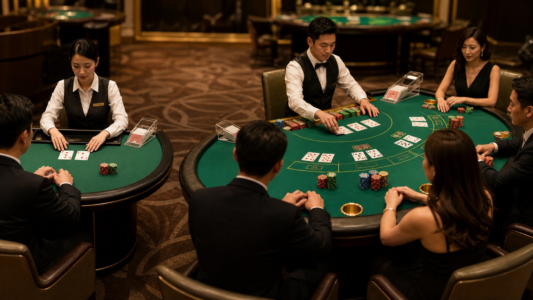 Dua meja kasino berdampingan yang menunjukkan perbedaan antara Mini Baccarat dan Baccarat Biasa dengan kartu dan chip di atas meja.