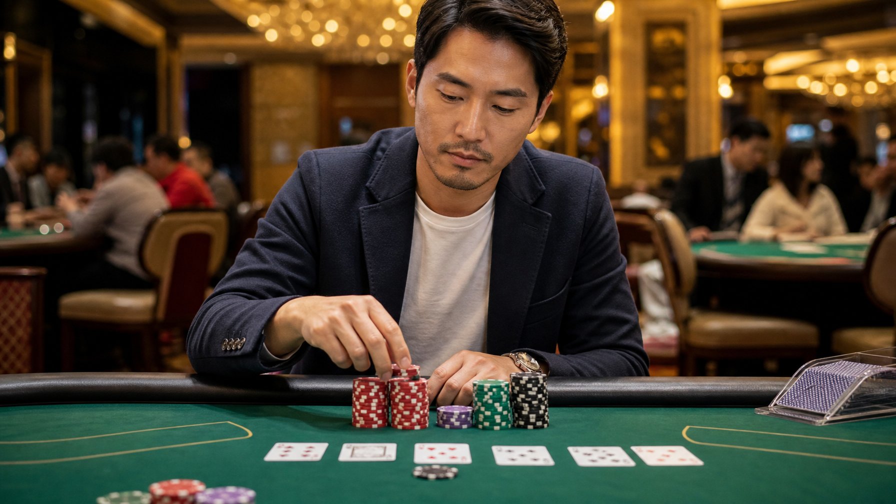 Seorang pemain yang fokus mengelola chip di meja mini baccarat di dalam kasino.