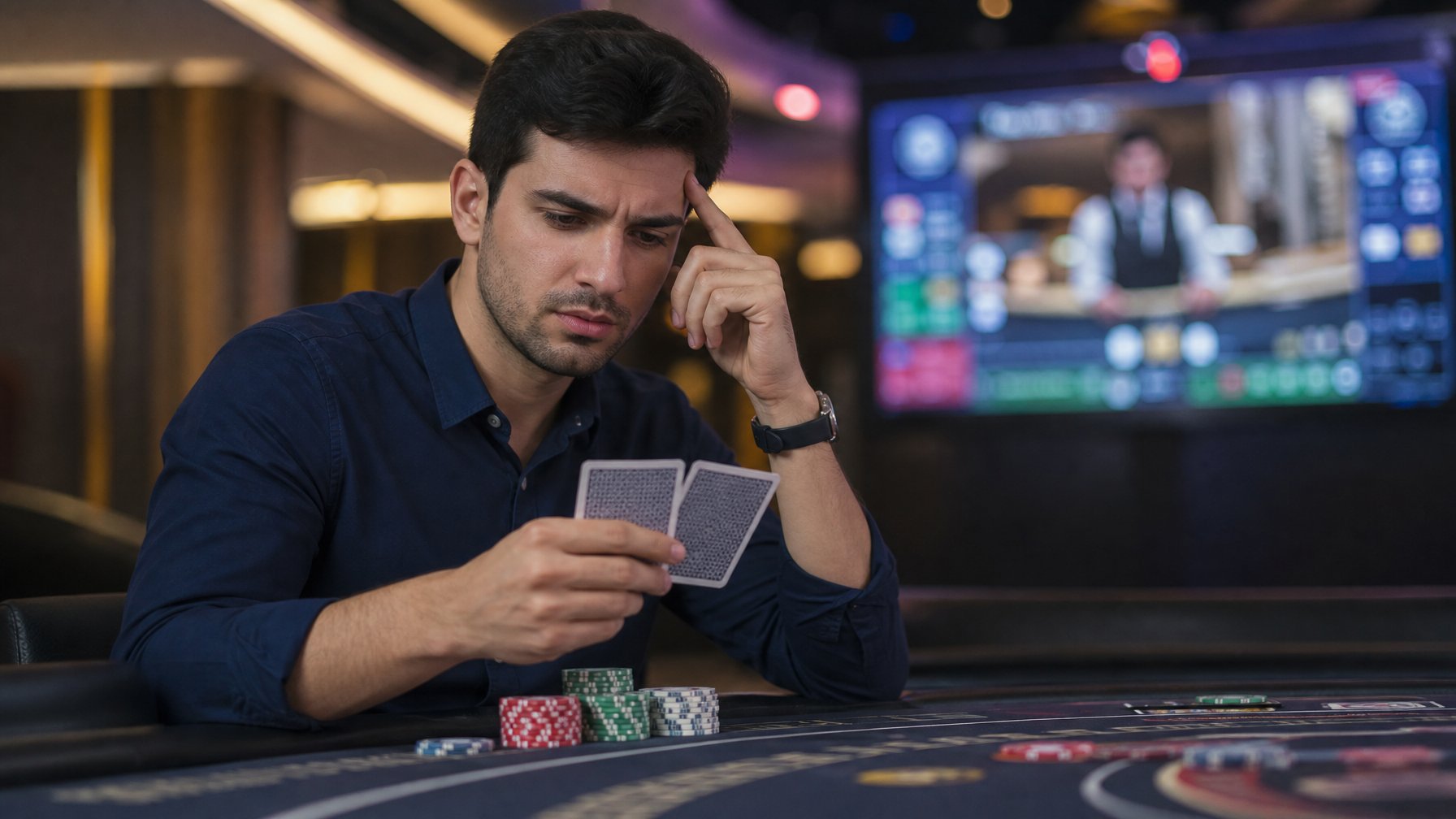 Seorang pemula sedang duduk di meja mini baccarat dengan ekspresi serius sambil memegang kartu di kasino modern.