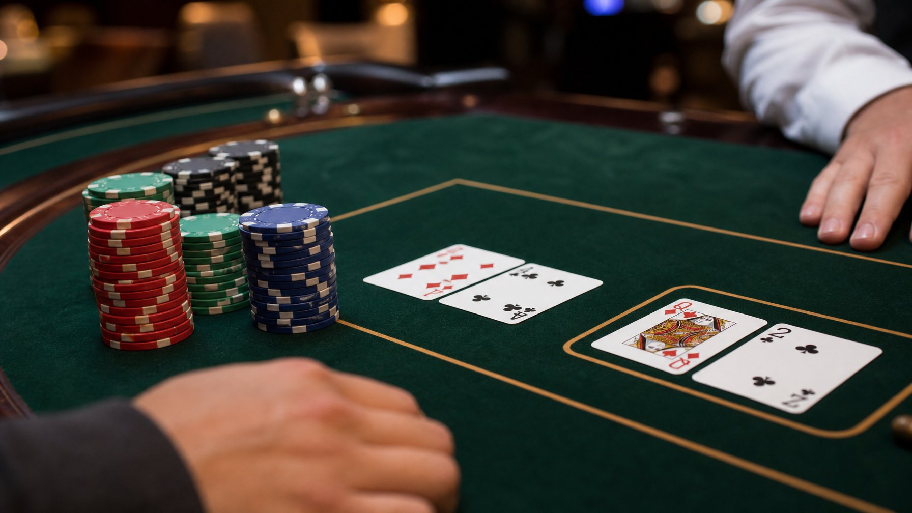Meja permainan Mini Baccarat dengan kartu dan tumpukan chip yang tersusun rapi di atas kain hijau.