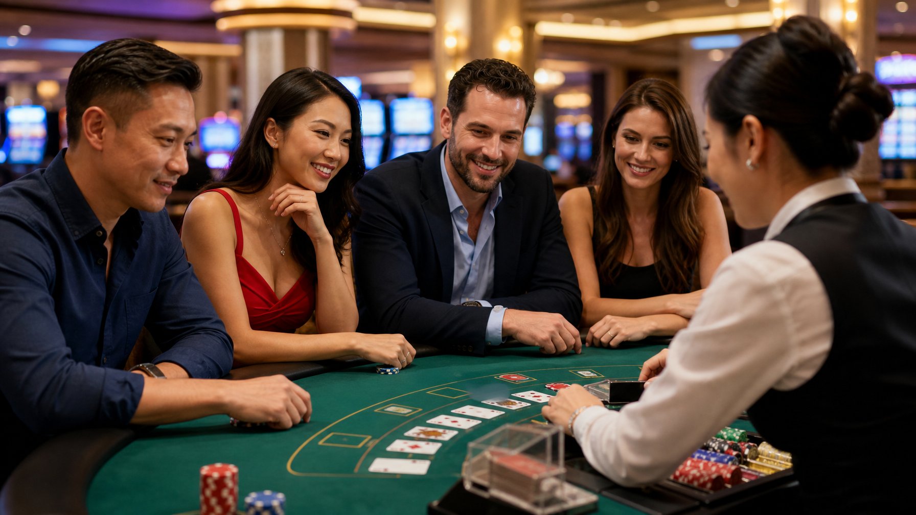 Sekelompok orang bermain Mini Baccarat di meja kasino dengan kartu dan chip, dikelilingi suasana kasino yang terang dan ramai.
