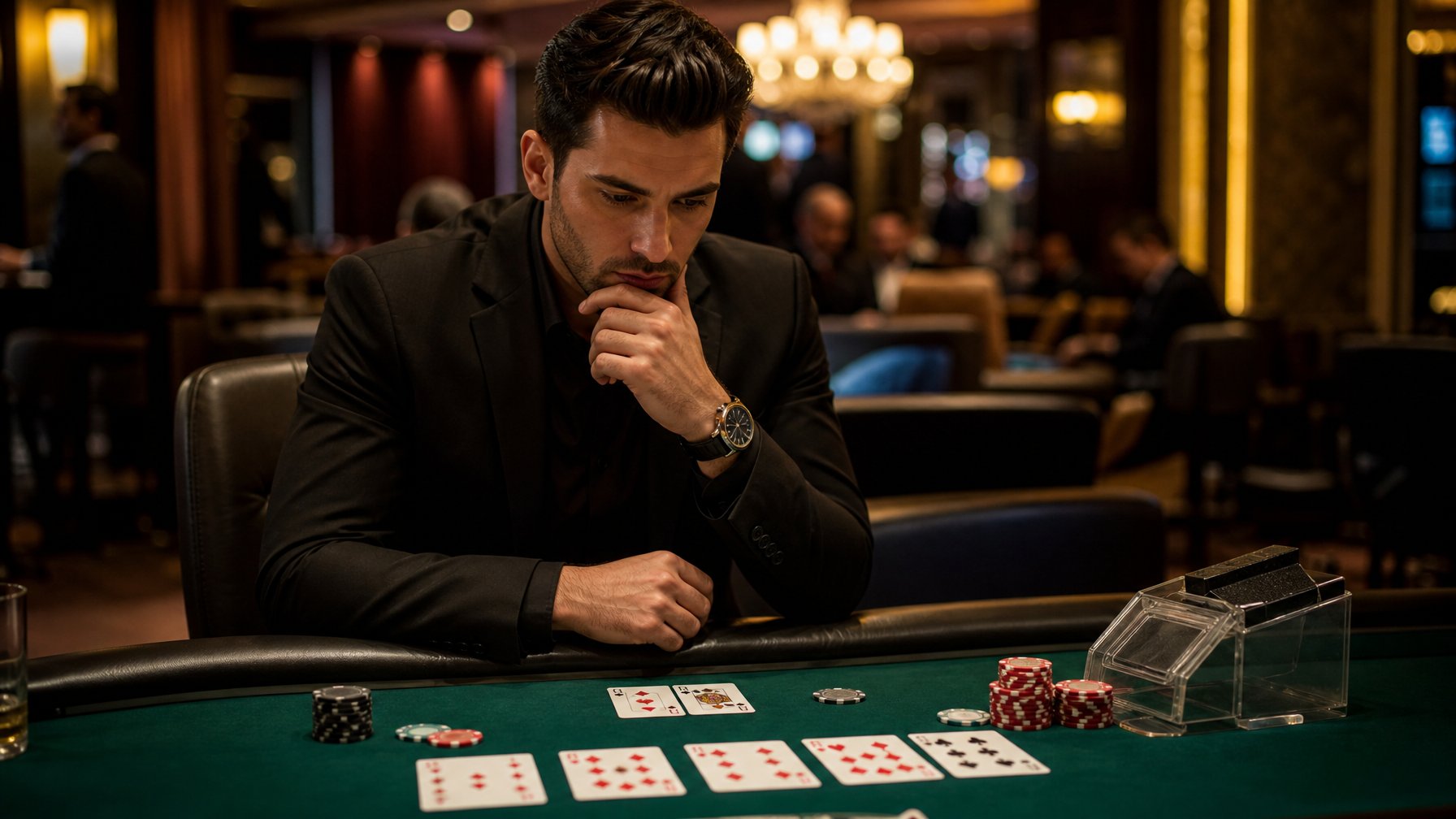 Seorang pemain kasino yang berpakaian rapi sedang memperhatikan meja Mini Baccarat dengan kartu dan chip di depan mereka.