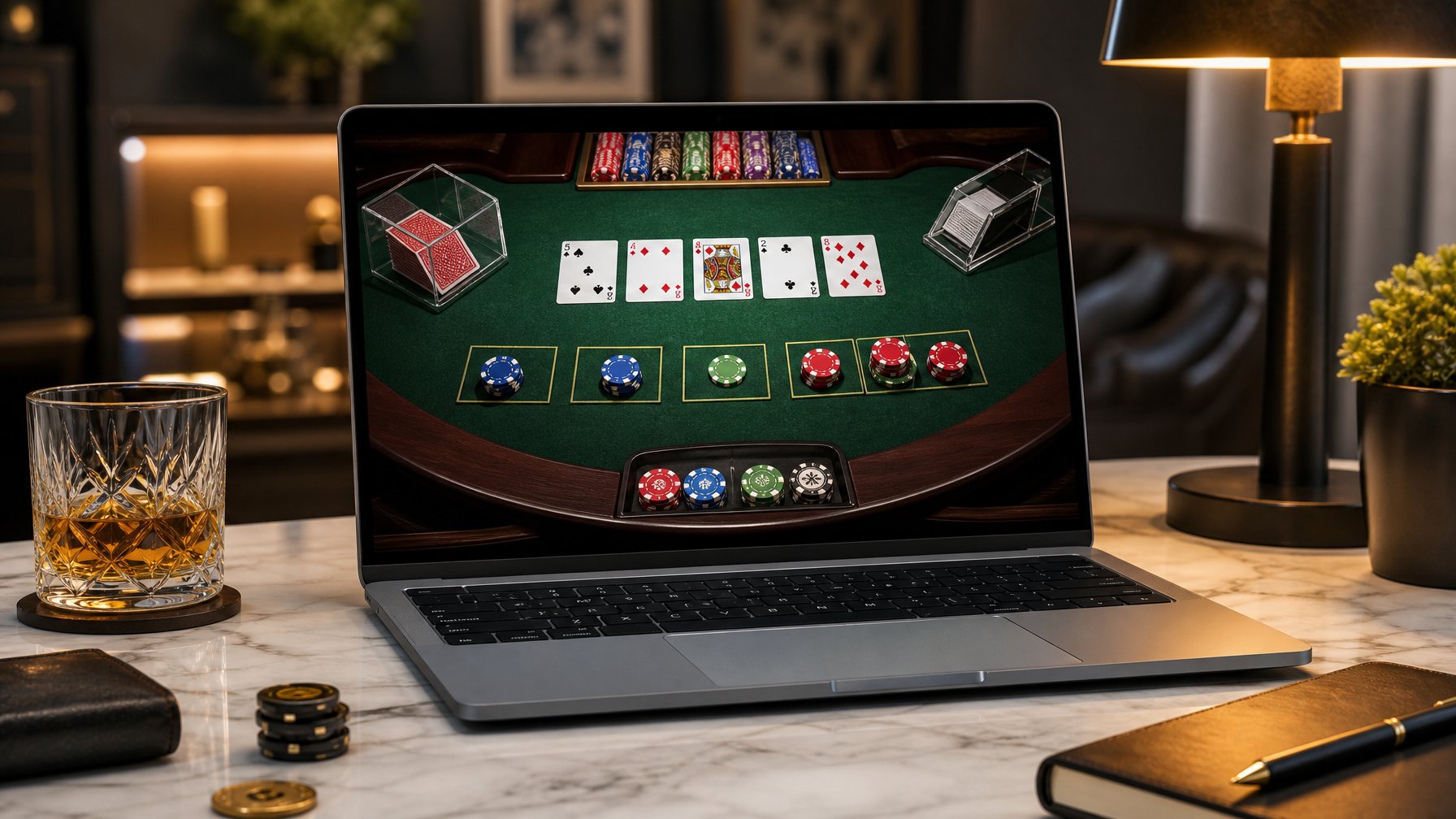 Seorang pemain sedang menggunakan laptop untuk bermain Mini Baccarat online di ruang santai dengan pencahayaan hangat dan suasana modern.