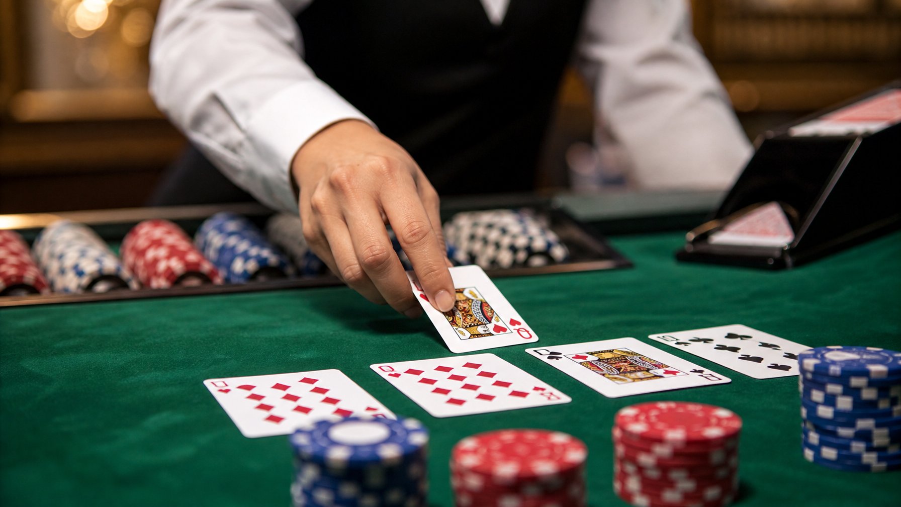 Meja Mini Baccarat dengan kartu dan chip kasino, tangan dealer sedang membagikan kartu.