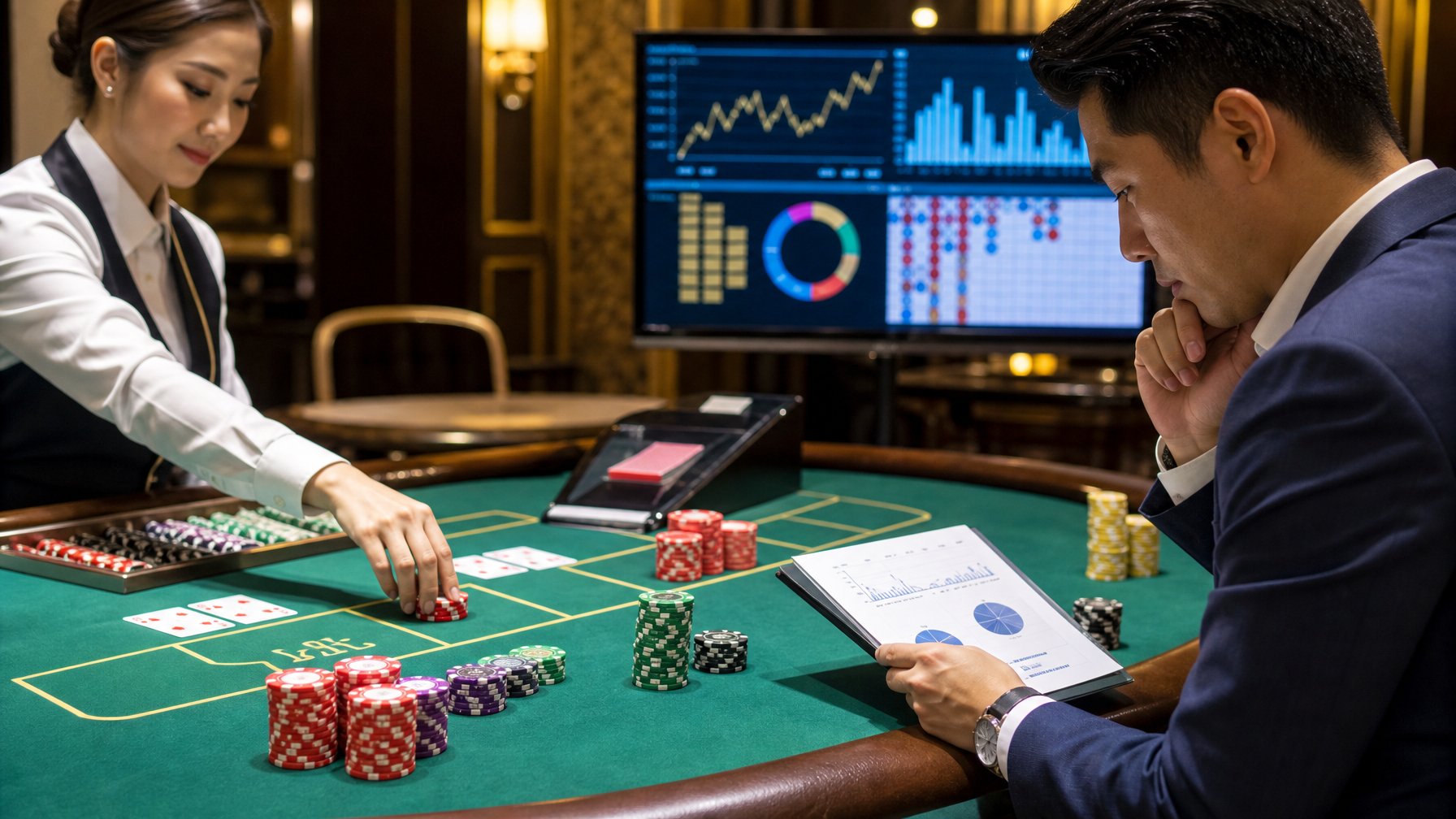 Seorang pemain di meja Mini Baccarat dengan chip taruhan dan grafik peluang di latar belakang, sedang menganalisis strategi taruhan dan manajemen bankroll.