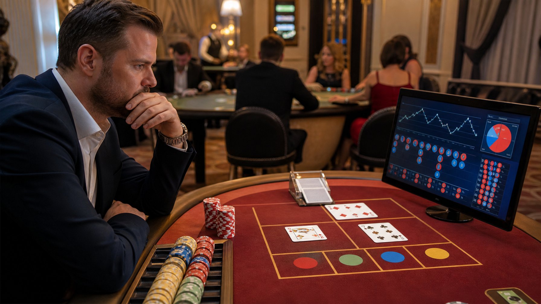 Seorang pemain berpakaian rapi sedang menganalisis taruhan di meja Mini Baccarat di dalam kasino.
