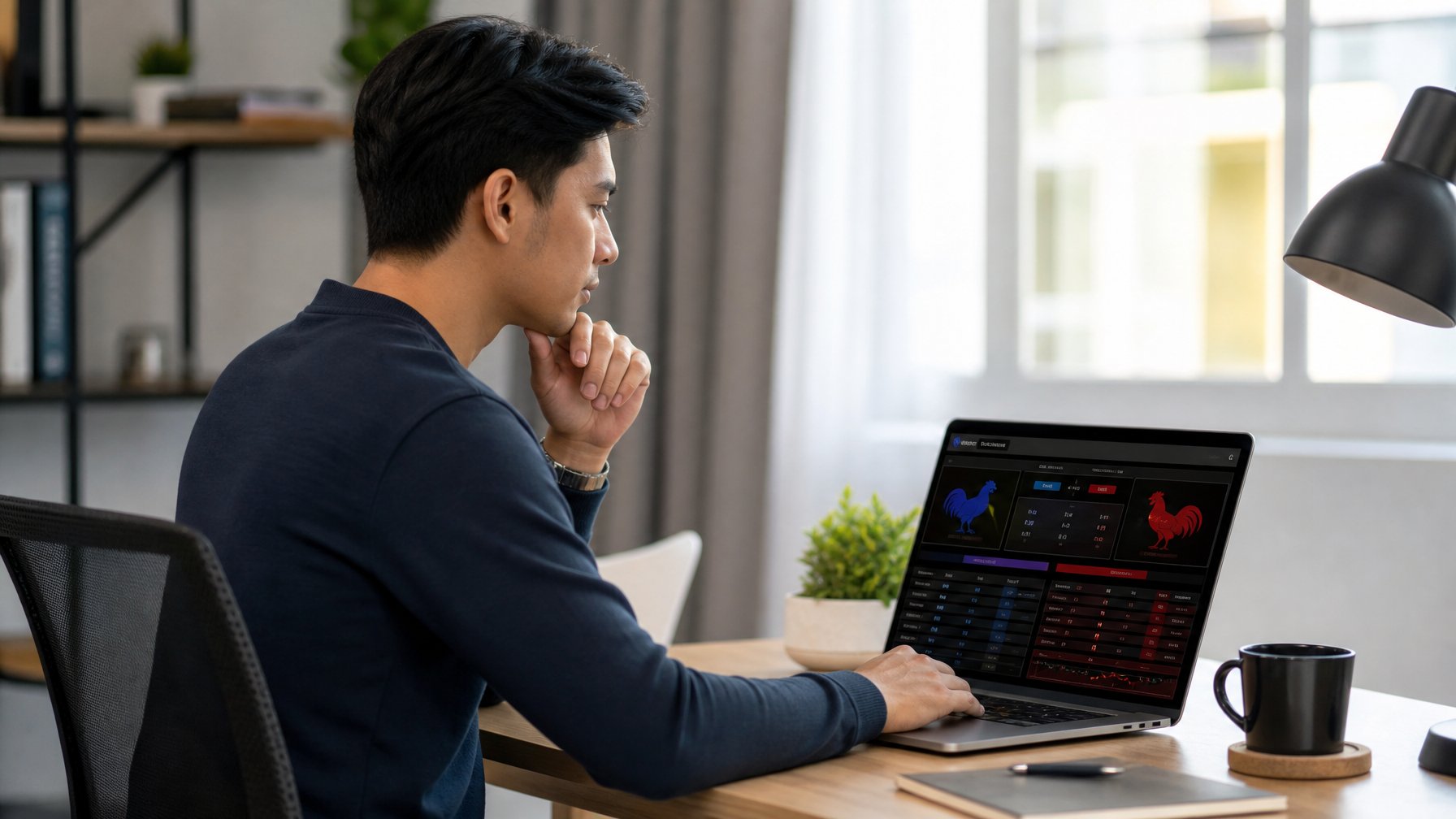 Seorang pria muda duduk di meja dengan laptop terbuka, fokus melihat layar komputer di ruang kerja yang terang dan rapi.