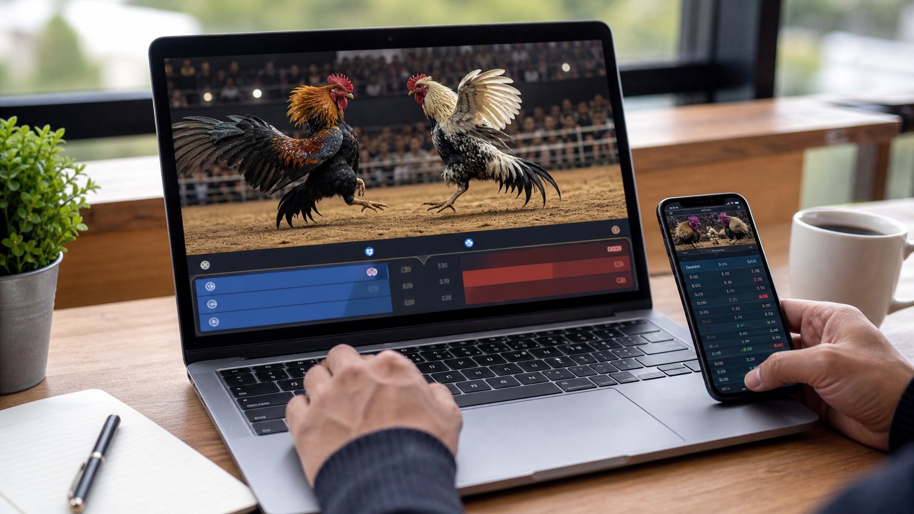 Seseorang menggunakan laptop dan ponsel untuk taruhan sabung ayam online di meja kerja yang rapi.